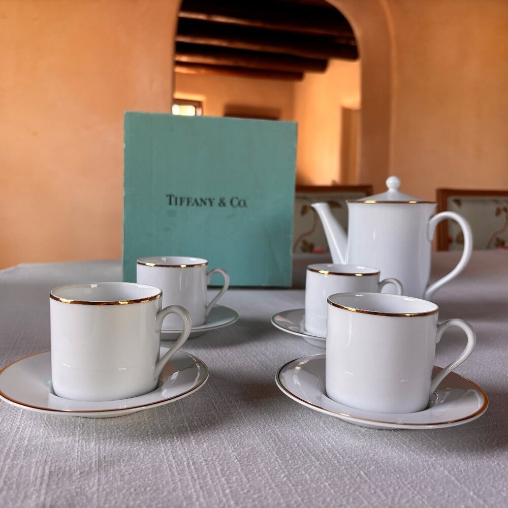 Vintage Tiffany Chocolate Pot Set 4 Cups 4 Saucers Pot & Lid - Excellent Cond